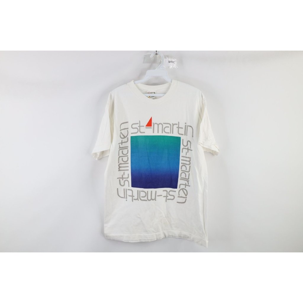 Vintage 90s Streetwear Mens Large Distressed St Maarten Spell Out TShirt White